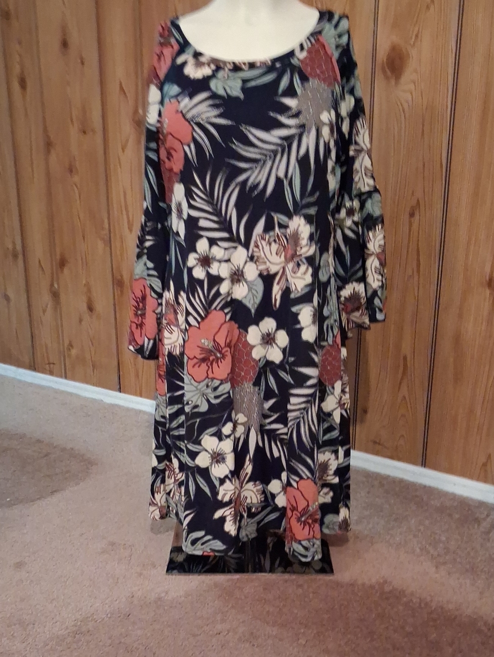 Honeyme Navy Floral Long-Sleeve Swing Dress with Coral Blooms